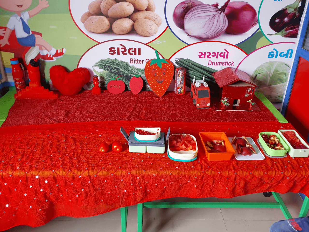 Preschool children dressed in red for a themed classroom day